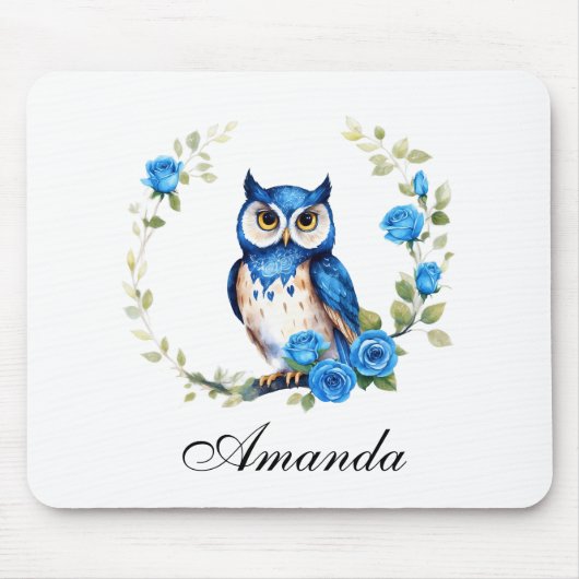 水彩ブルーフクロウとバラ ガーリー マウスパッド (正面)