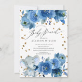 水彩ブルーフラワーエレファントベビーシャワーブランチ 招待状 (正面)