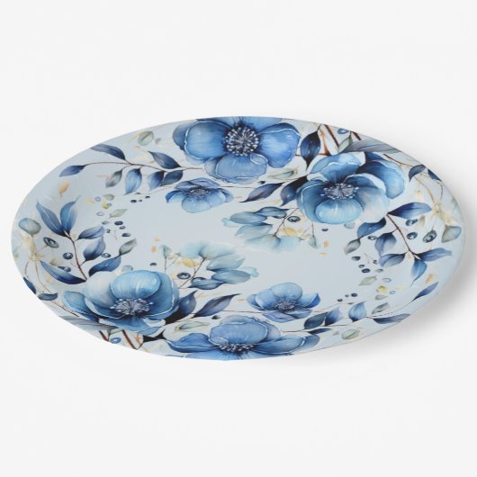 水彩ブルーフラワーズ紙プレート ペーパープレート (アングル)