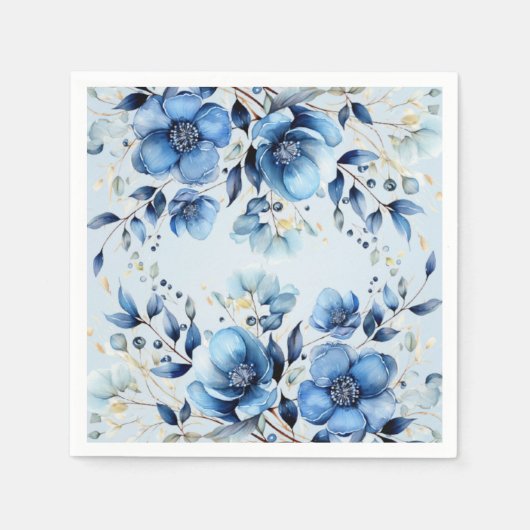水彩ブルーフラワーナプキンス スタンダードカクテルナプキン (正面)