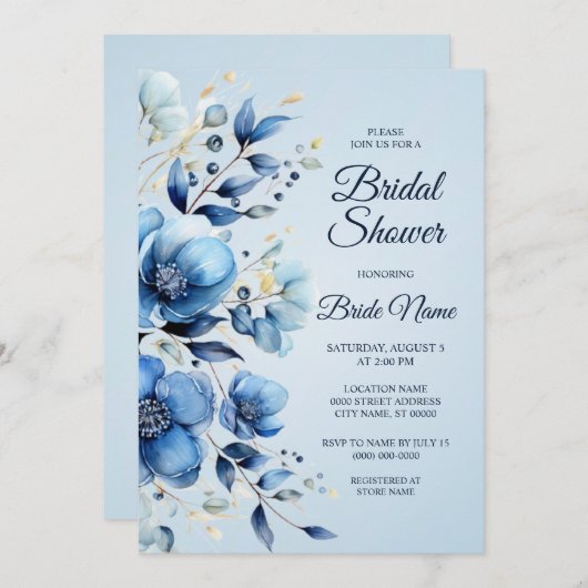 水彩ブルーフラワーブライダルシャワー招待 招待状 (正面/裏面)