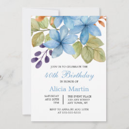 水彩ブルーフラワーボタニカルエイジ誕生日 招待状