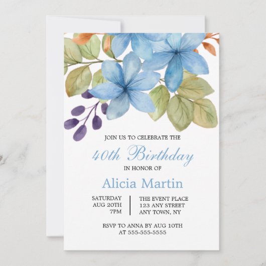 水彩ブルーフラワーボタニカルエイジ誕生日 招待状 (正面)