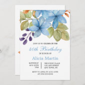 水彩ブルーフラワーボタニカルエイジ誕生日 招待状 (正面/裏面)