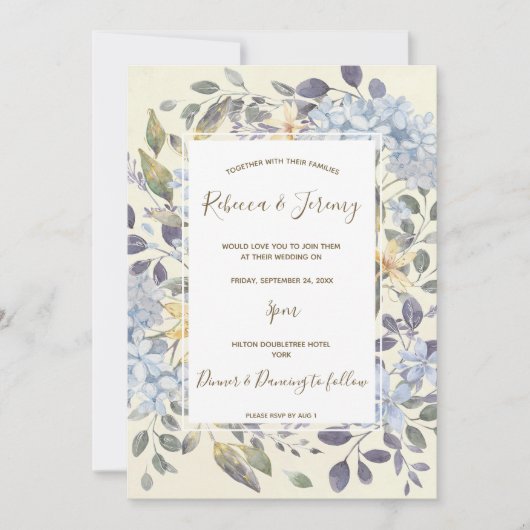 水彩ブルーフローラあじさい結婚式 招待状 (正面)