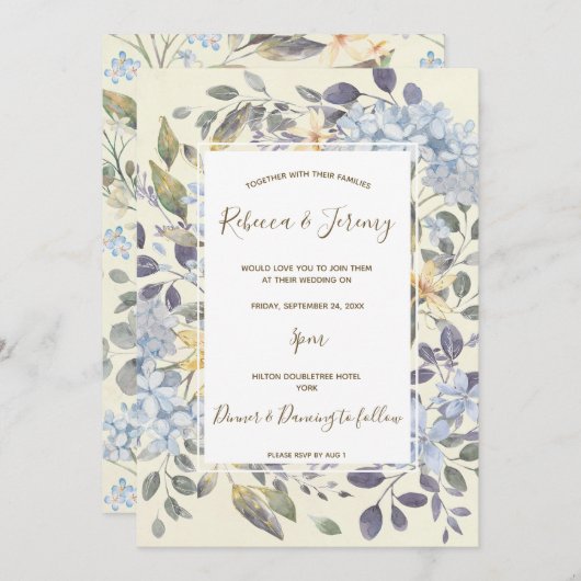 水彩ブルーフローラあじさい結婚式 招待状 (正面/裏面)