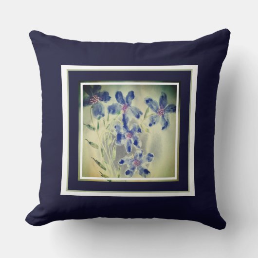 水彩ブルーフローラアクセント クッション (正面)