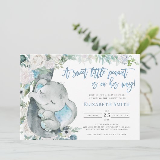 水彩ブルーフローラゾウ男の子ベイビーシャワー 招待状 (スタンド正面)
