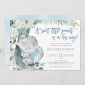水彩ブルーフローラゾウ男の子ベイビーシャワー 招待状 (正面/裏面)