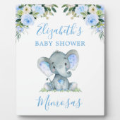 水彩ブルーフローラゾウ赤ちゃんシャワーテーブル フォトプラーク (正面)