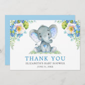 水彩ブルーフローラゾウ赤ちゃんシャワー サンキューカード (正面/裏面)