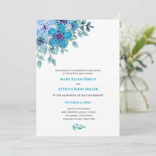 水彩ブルーフローラヌプティアルマス招待状 招待状 (スタンド正面)