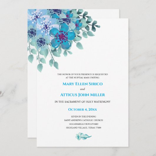 水彩ブルーフローラヌプティアルマス招待状 招待状 (正面/裏面)
