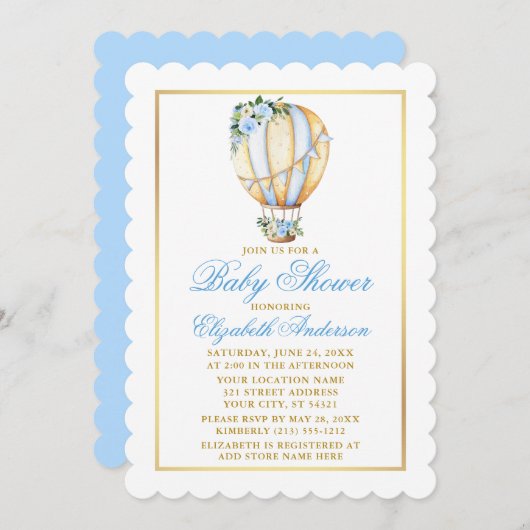 水彩ブルーフローラバルーンベビーシャワー金ゴールド 招待状 (正面/裏面)