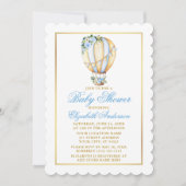 水彩ブルーフローラバルーンベビーシャワー金ゴールド 招待状 (正面)