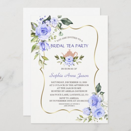水彩ブルーフローラブライダルシャワーティーパーティー 招待状 (正面/裏面)