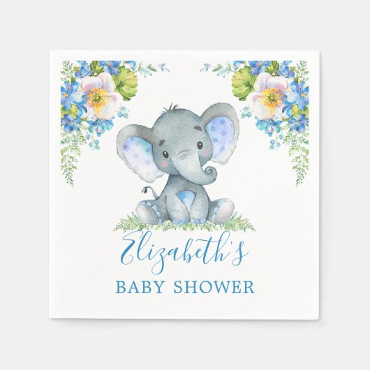 水彩ブルーフローラベビーゾウ赤ちゃんシャワー スタンダードカクテルナプキン (正面)