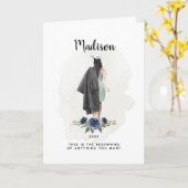 水彩ブルーフローラ卒業ブルネットガール カード (黄色い花)