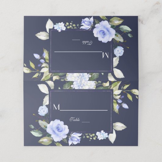 水彩ブルーフローラ結婚フレームの表番号 プレイスカード (外部開封)