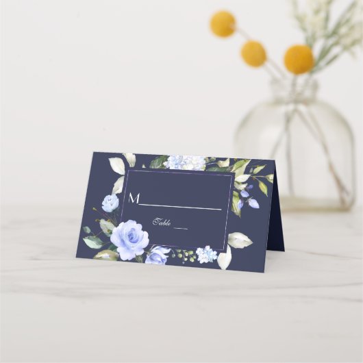 水彩ブルーフローラ結婚フレームの表番号 プレイスカード (正面)