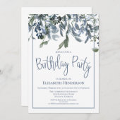 水彩ブルーフローラ誕生日パーティー 招待状 (正面/裏面)