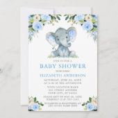 水彩ブルーフローラ赤ちゃんシャワーエレファント 招待状 (正面)