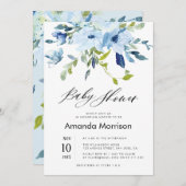 水彩ブルーフローラ赤ちゃんシャワー 招待状 (正面/裏面)