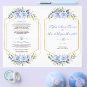水彩ブルーフローラ金ゴールドフレーム結婚式 プログラム チラシ (シングル)