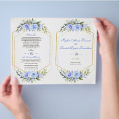 水彩ブルーフローラ金ゴールドフレーム結婚式 プログラム チラシ (手)