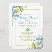 水彩ブルーフローラ金ゴールドベビーシャワー招待状 招待状 (正面/裏面)