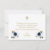 水彩ブルーフローラ金ゴールドボーイフォトバプテスマ サンキューカード (裏面)