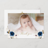 水彩ブルーフローラ金ゴールドボーイフォトバプテスマ サンキューカード (正面/裏面)