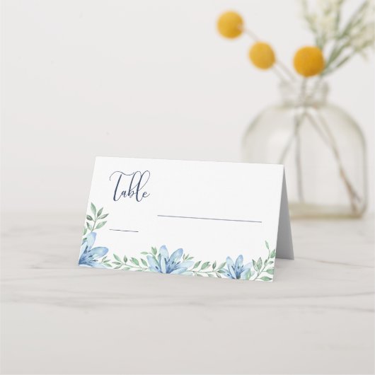 水彩ブルーフローラ開花テーブ結婚ル プレイスカード (正面)