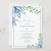水彩ブルーフローラ開花ブライダルシャワー 招待状 (正面)
