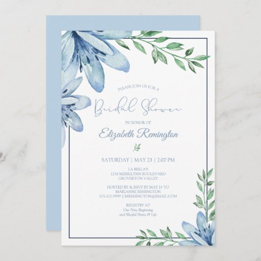 水彩ブルーフローラ開花ブライダルシャワー 招待状 (正面/裏面)