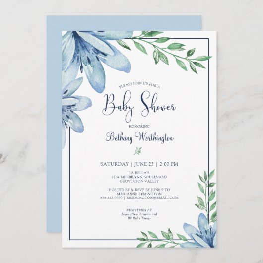 水彩ブルーフローラ開花ベビーシャワー 招待状 (正面/裏面)