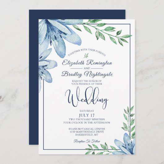 水彩ブルーフローラ開花&グリーン結婚リーズ 招待状 (正面/裏面)