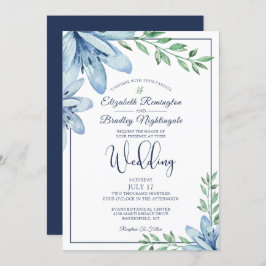 水彩ブルーフローラ開花&グリーン結婚リーズ 招待状