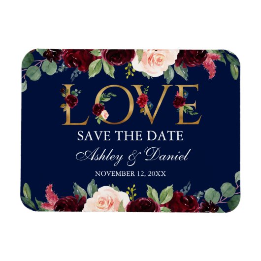 水彩ブルーブルゴーニュフローララブザデートを保存 マグネット (横)