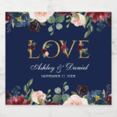 水彩ブルーブルゴーニュフローラ金ゴールドラヴ結婚ズ スパークリングワインラベル (シングルラベル)