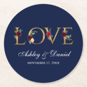 水彩ブルーブルゴーニュフローラ金ゴールドラヴ結婚ズ ラウンドペーパーコースター (正面)