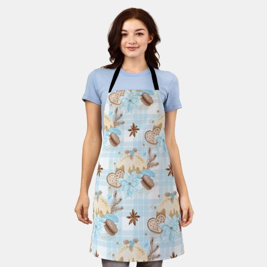 水彩ブループレイドクリスマスクッキー&プリン エプロン (着用した状態)