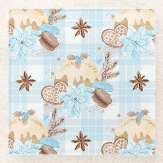 水彩ブループレイドクリスマスクッキー&プリン ガラスコースター (正面)