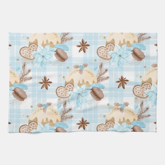 水彩ブループレイドクリスマスクッキー&プリン キッチンタオル (横)