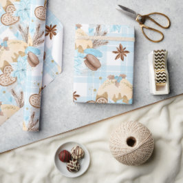 水彩ブループレイドクリスマスクッキー&プリン ラッピングペーパー