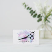 水彩ブルーヘアスタイリスト美容師（ばちゃばちゃ）跳ねる 名刺 (スタンド正面)