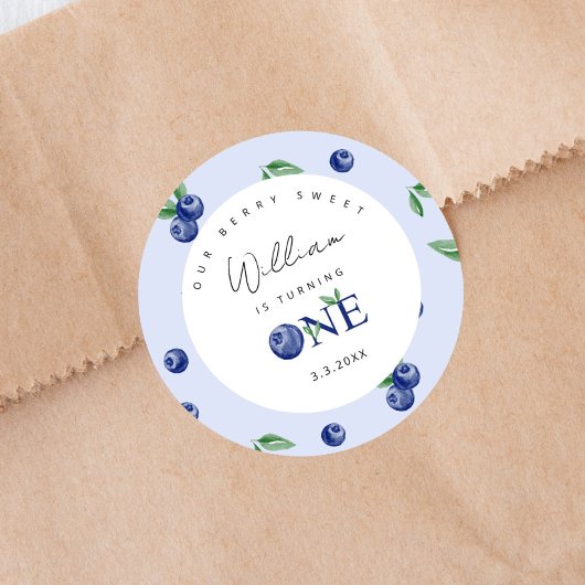 水彩ブルーベリーの男の子1歳の誕生日 ラウンドシール