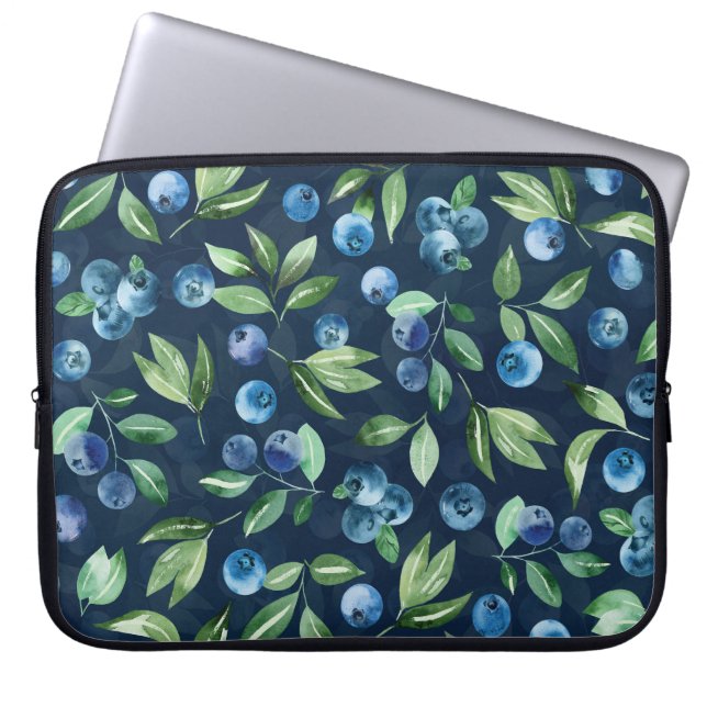 水彩ブルーベリーダークバックグラウンドパターン ラップトップスリーブ (正面)