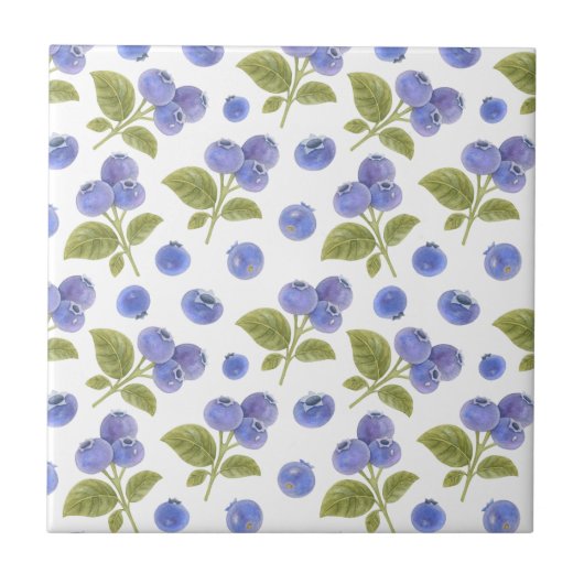 水彩ブルーベリーフルーツとブルーベリー葉の タイル (正面)