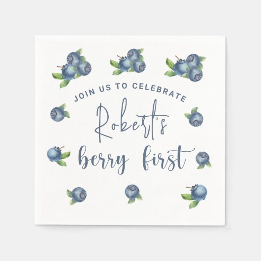 水彩ブルーベリー1st誕生日パーティー スタンダードカクテルナプキン (正面)